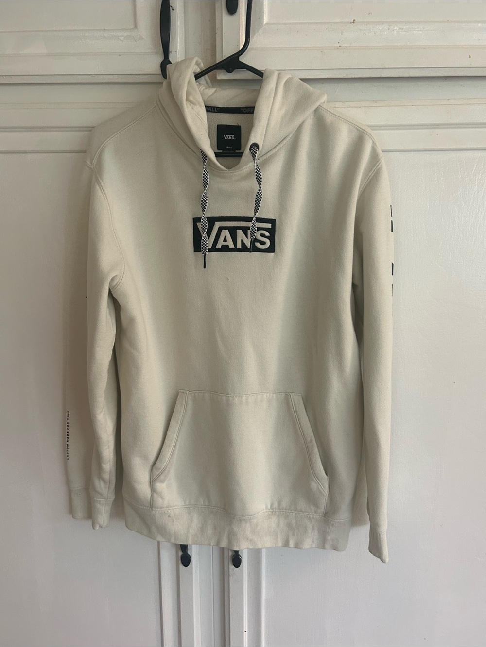 Vans Cream Hoodie with Black Logo and Checker Drawstrings